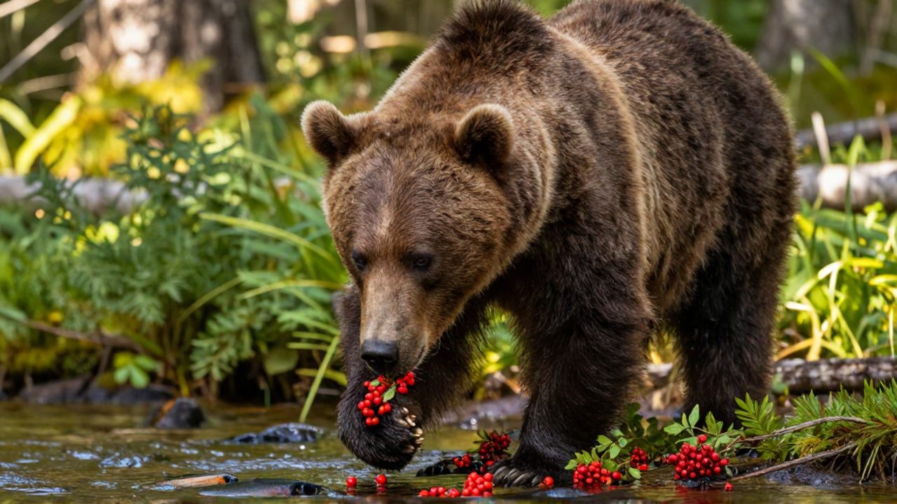 Un oso grizzly comiendo bayas rojas en un claro de bosque junto a un arroyo.