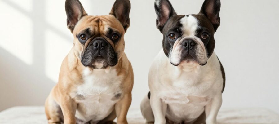 Dos bulldogs franceses, uno de color arena con máscara negra y otro con patrón píbal de manchas blancas y oscuras, sentados juntos sobre una superficie clara.