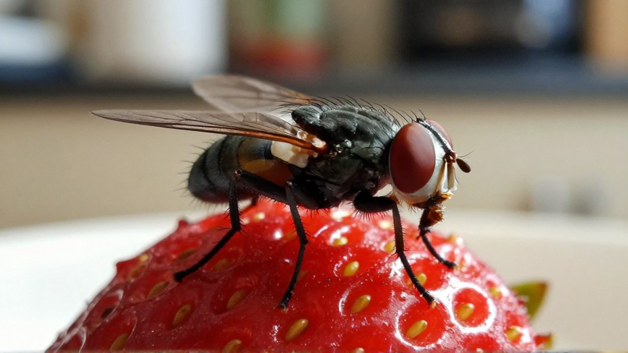 Una mosca doméstica posada sobre una fresa madura con su aparato bucal extendido hacia la fruta.