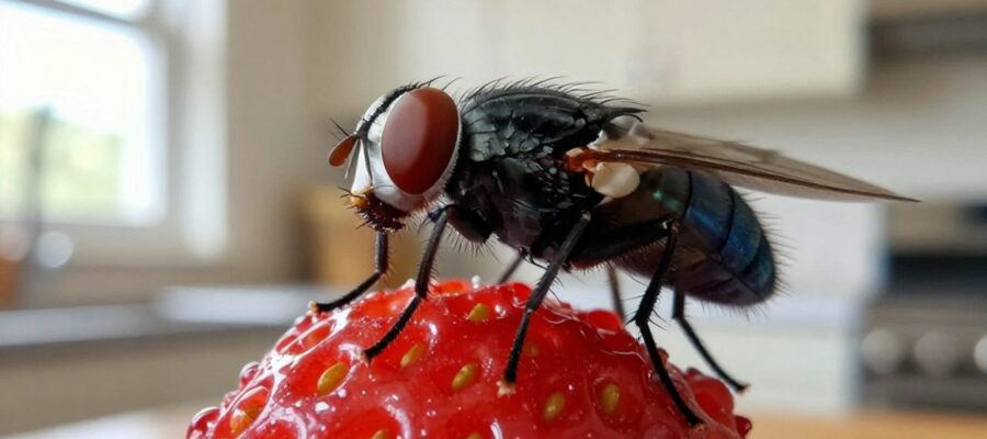 Una mosca doméstica posada sobre una fresa madura con su probóscide extendida para alimentarse.