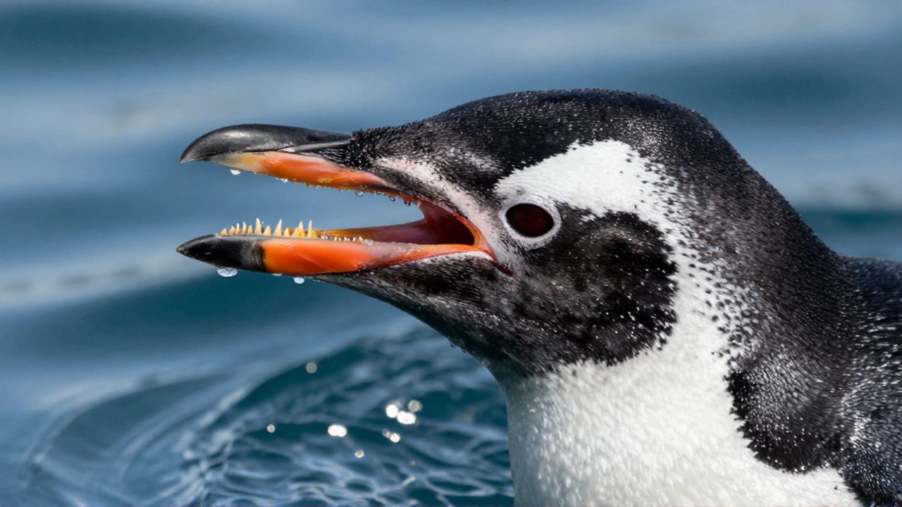Primer plano de la cabeza de un pingüino emergiendo del agua, mostrando su pico abierto y la lengua con pequeñas espinas diseñadas para sujetar presas.