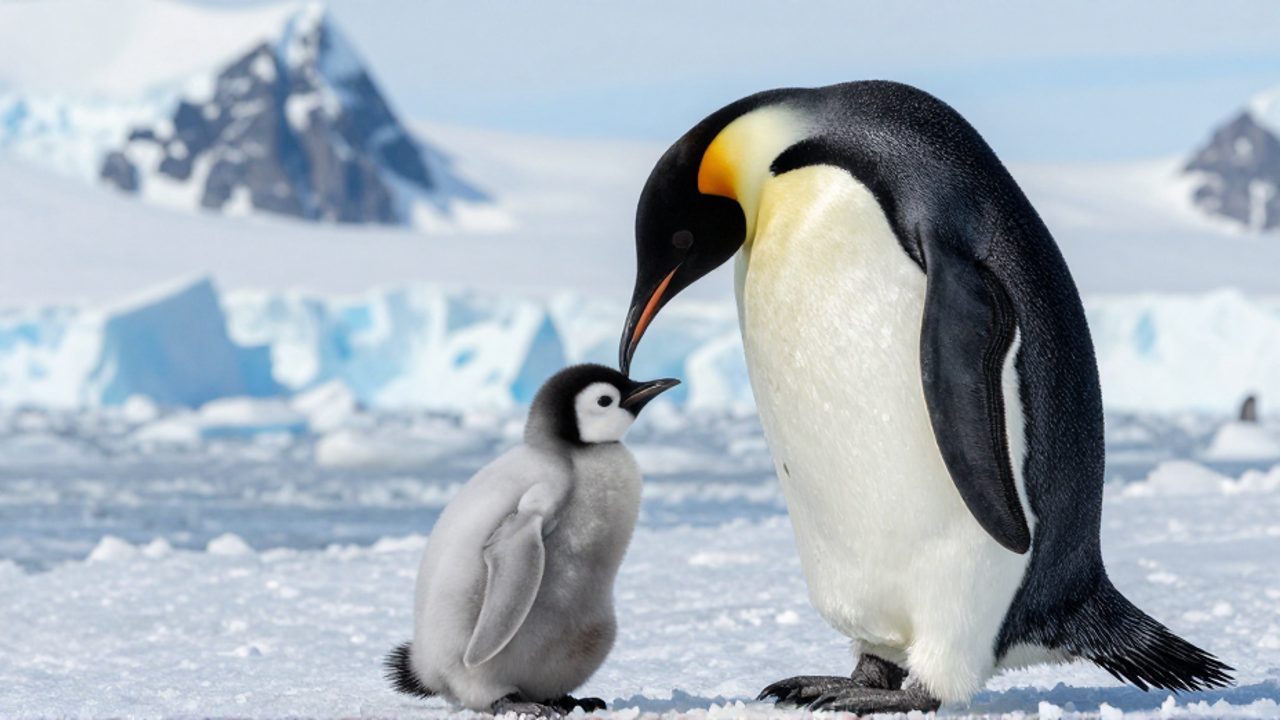 Un pingüino adulto protege a su cría peluda sobre el hielo antártico con glaciares de fondo.