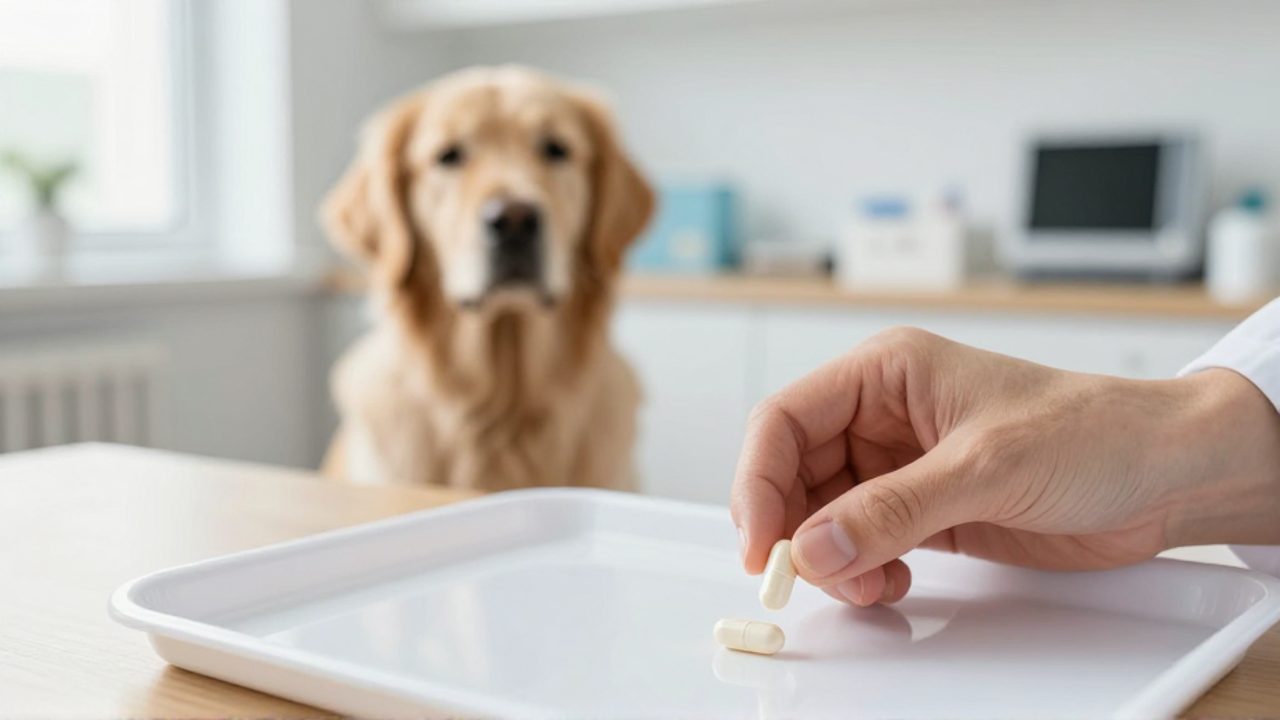 Manos de un veterinario preparando una cápsula sobre una bandeja médica frente a un perro Golden Retriever en una clínica.