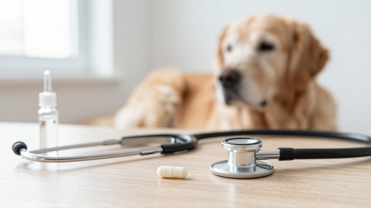 Una cápsula de medicamento rodeada de un estetoscopio y un gotero sobre un escritorio de madera, con un perro Golden Retriever descansando al fondo.