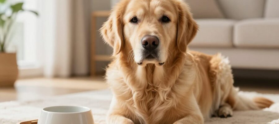Perro Golden Retriever sentado tranquilamente junto a una cápsula medicinal en una bandeja sobre una manta en un entorno doméstico.