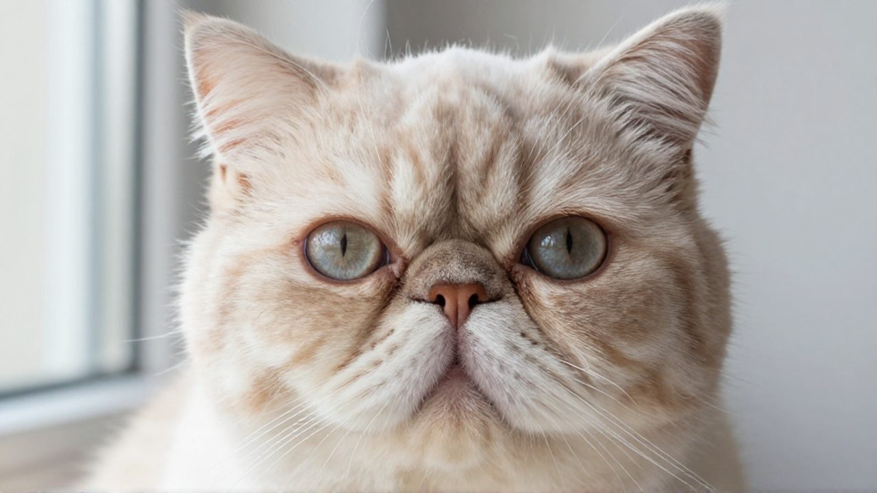Primer plano del rostro de un gato persa donde se aprecian sus ojos grandes y los pliegues de piel alrededor de su nariz chata.
