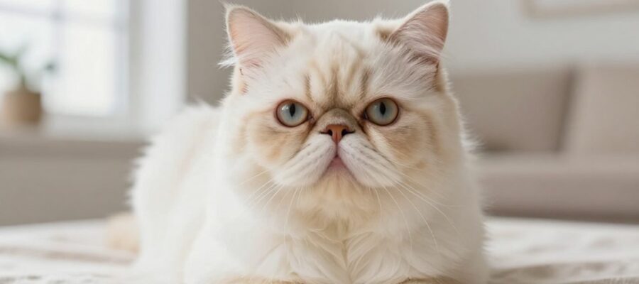 Primer plano de un gato persa de pelaje blanco y crema que muestra su característica estructura facial de cara chata.