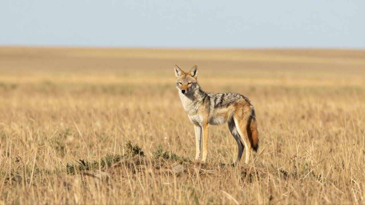 Un coyote de pelaje claro y complexión delgada observa desde una pequeña elevación en una vasta pradera de pastizales secos.