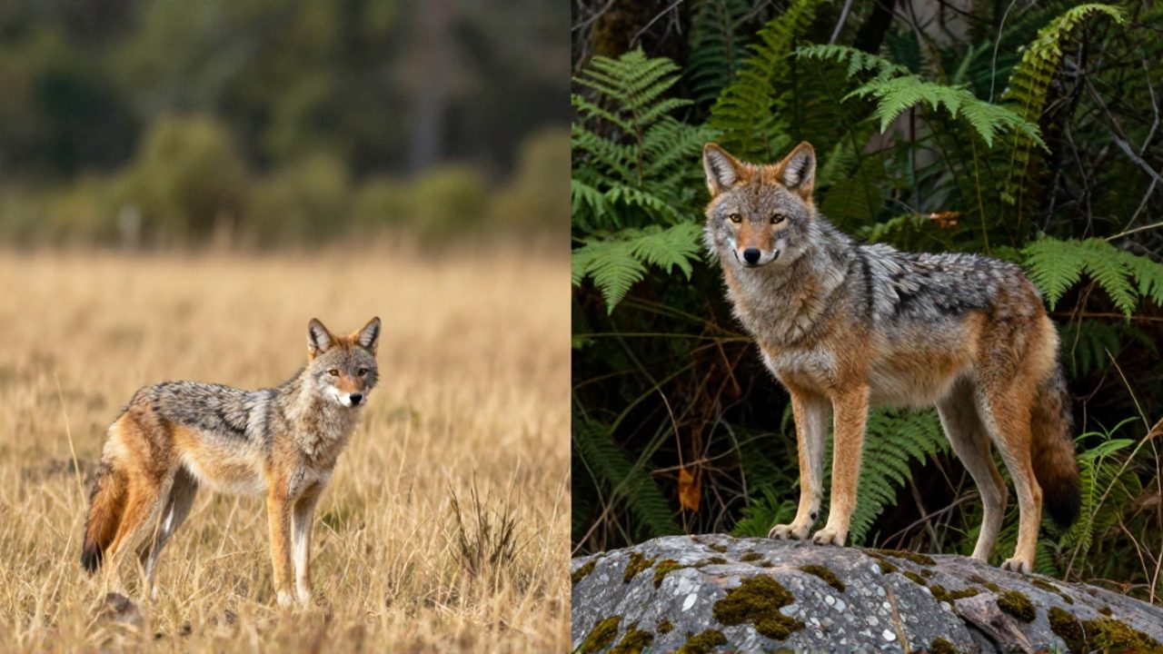 Un coyote de pelaje claro y esbelto en una pradera soleada frente a un coyote más robusto y de pelo denso en un bosque húmedo para comparar sus diferencias físicas.