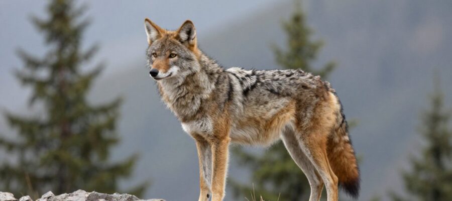Coyote de pelaje espeso y tonos grisáceos parado sobre una cresta rocosa con montañas y bosques de coníferas al fondo.