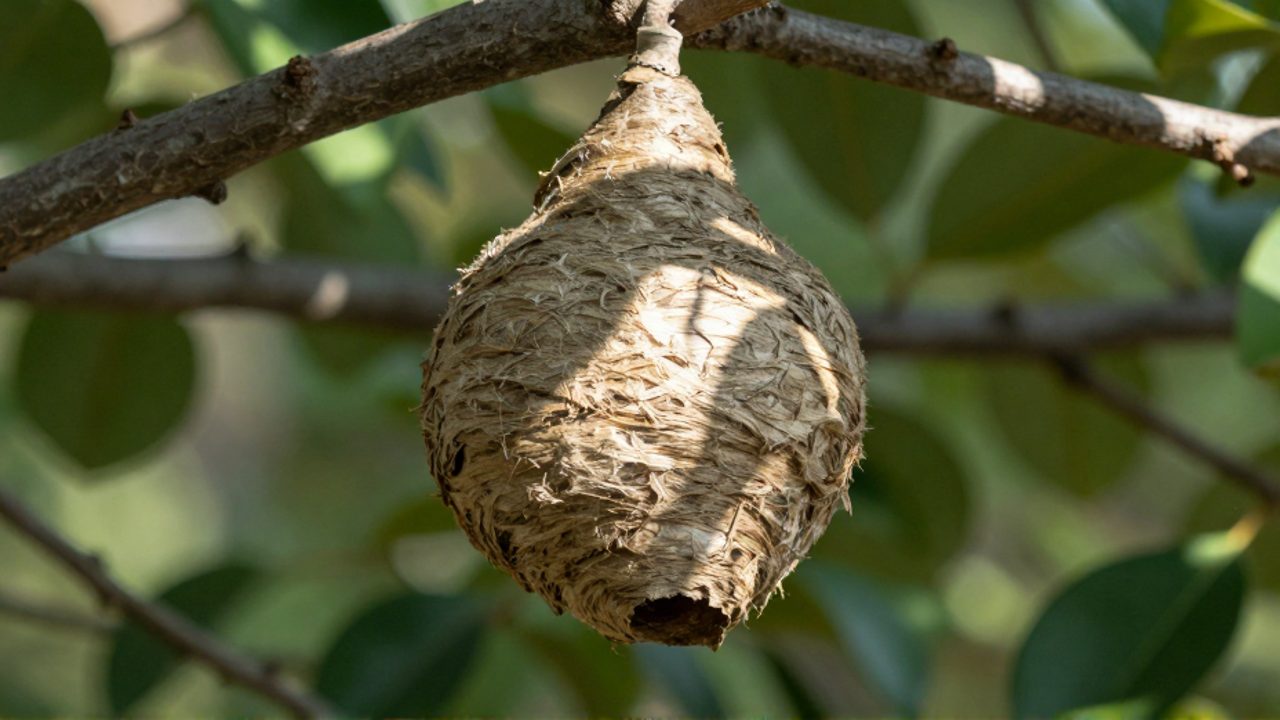 Nido de avispon de forma piramidal con textura de papel colgando de la rama de un árbol en un jardín.