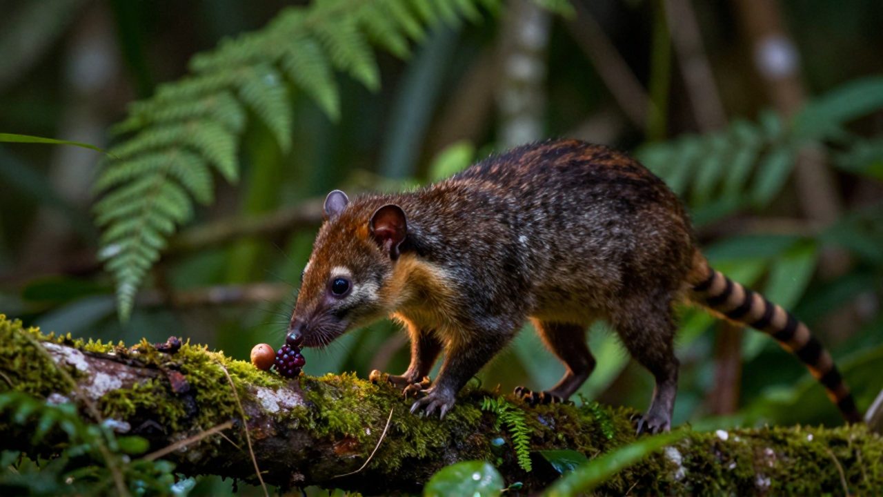 Un joven cacomixtle olfatea una baya y una bellota sobre una rama con musgo en un bosque subtropical.