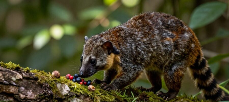 Un cacomixtle de cola anillada olfatea bayas silvestres y bellotas sobre el musgo en un entorno de bosque sombreado.