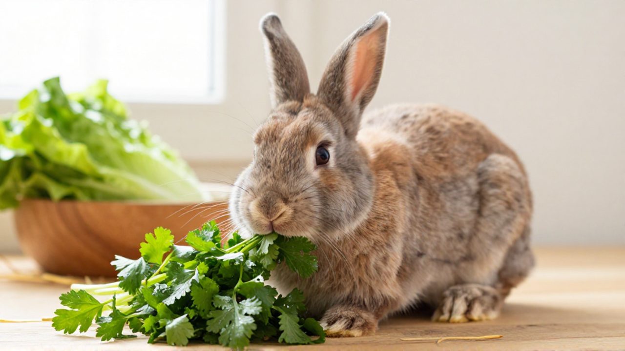 Un conejo de raza Holland Lop come hojas verdes frescas de perejil y cilantro sobre un suelo de madera.