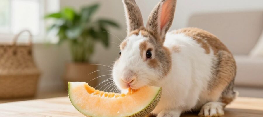 Un conejo Holland Lop olfatea con curiosidad una rodaja de melón sobre una superficie de madera en un ambiente luminoso.