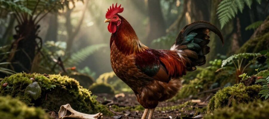 Un gallo de la selva con plumaje brillante posado sobre un suelo de bosque prehistórico junto a un hueso fósil.
