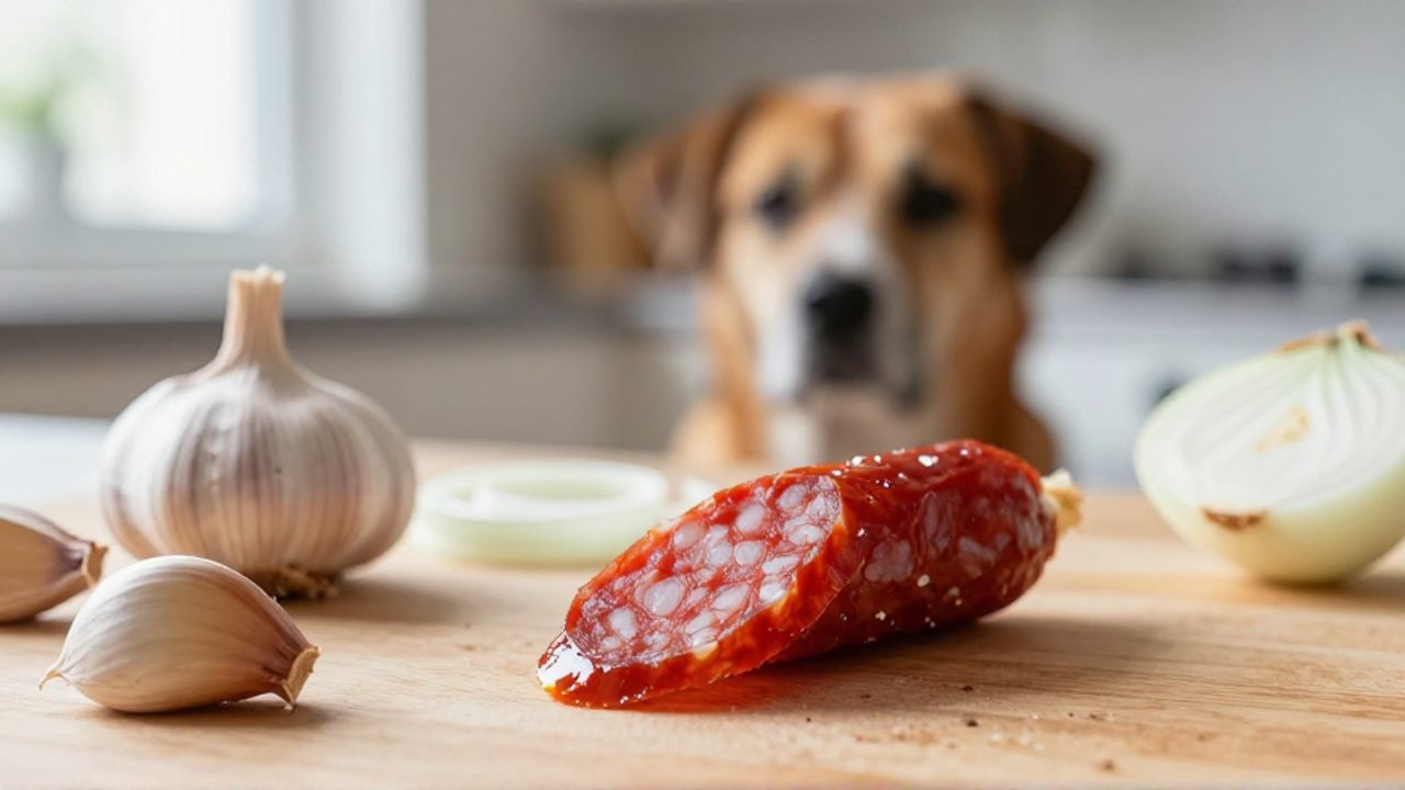 Rodajas de chorizo acompañadas de ajo y cebolla en una superficie de madera, con un perro observando con curiosidad al fondo.