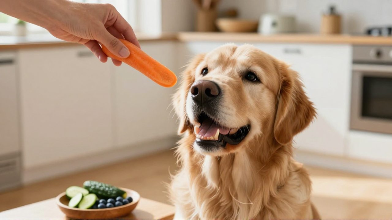 Perro Golden Retriever sentado en una cocina mirando con atención una rodaja de zanahoria que le ofrece una mano, junto a un cuenco con trozos de pepino y arándanos.