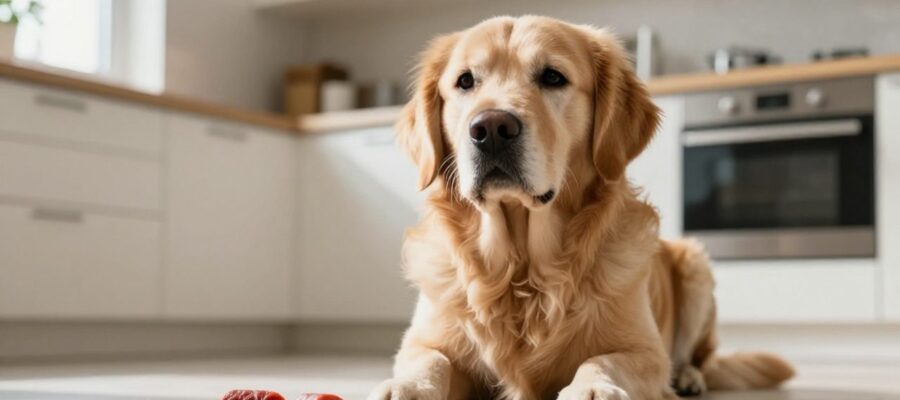 Un perro Golden Retriever con expresión de preocupación sentado en el suelo de una cocina junto a trozos de chorizo esparcidos.