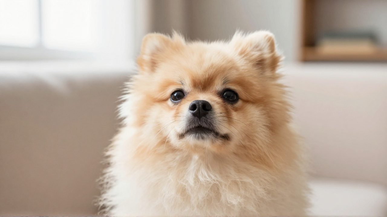 Perro de raza pequeña sentado con expresión de cansancio y vulnerabilidad en un entorno doméstico.