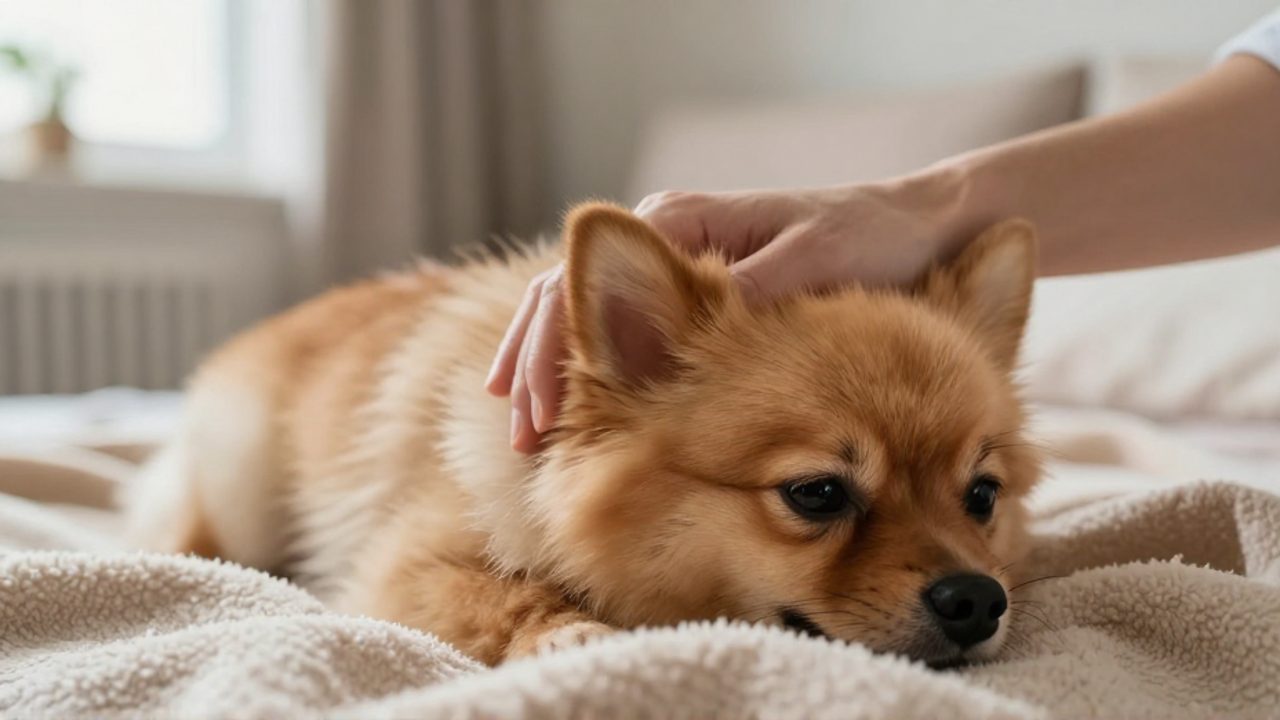 Una persona acaricia suavemente el cuello de un perro pequeño que descansa sobre una manta en un entorno doméstico tranquilo.