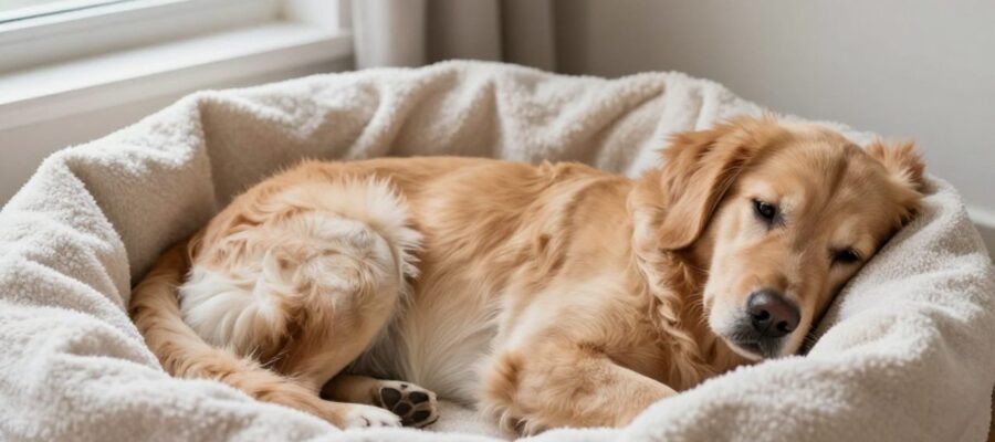 Perra Golden Retriever con abdomen prominente descansando sobre mantas suaves en un nido preparado para el parto.