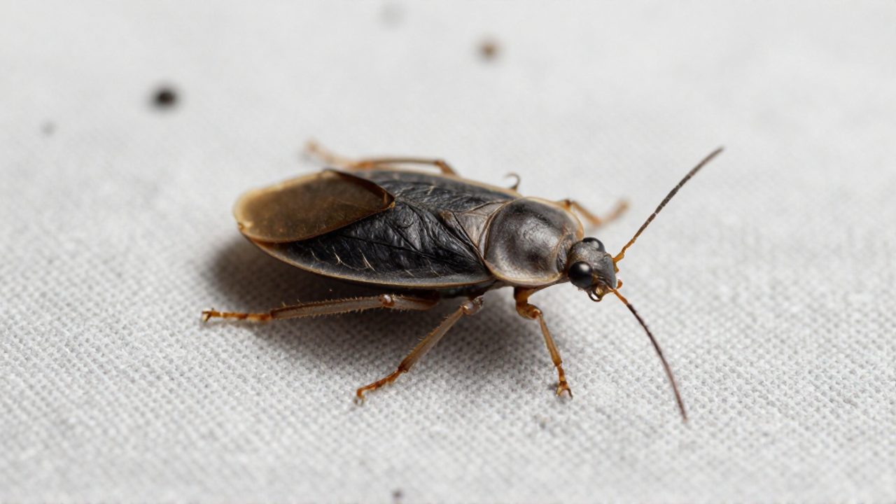 Una chinche de cama seca y de aspecto quebradizo reposa sobre una tela de algodón gris junto a pequeñas manchas de excremento.