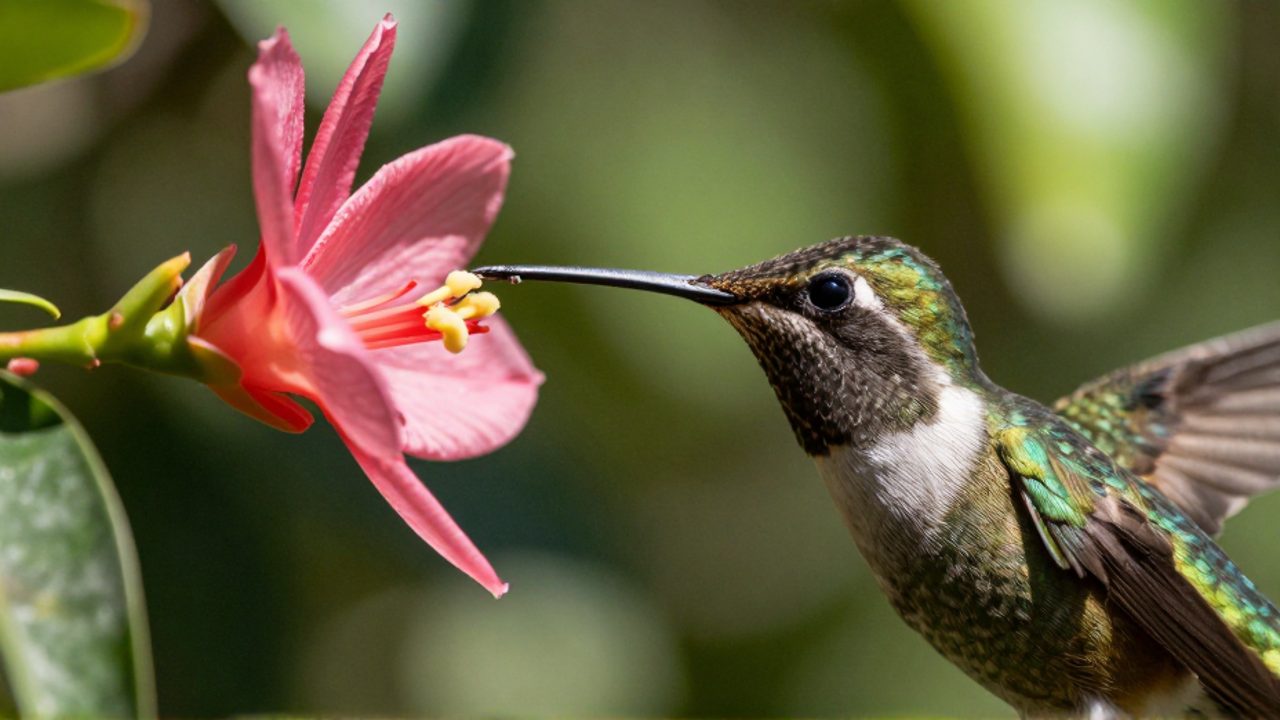 Un ave de pico largo extrae néctar del centro de una flor tropical en medio de una selva.