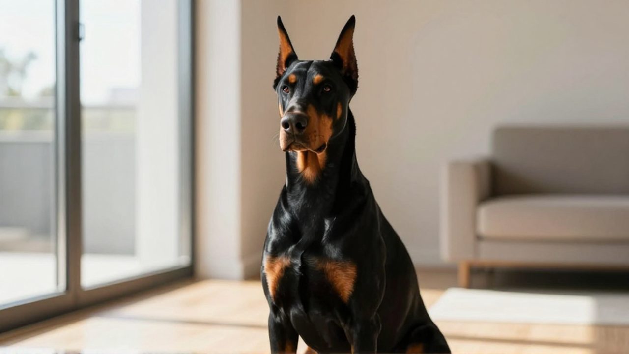 Un ejemplar de Doberman Pinscher sentado con postura atenta y elegante en una sala de estar luminosa.