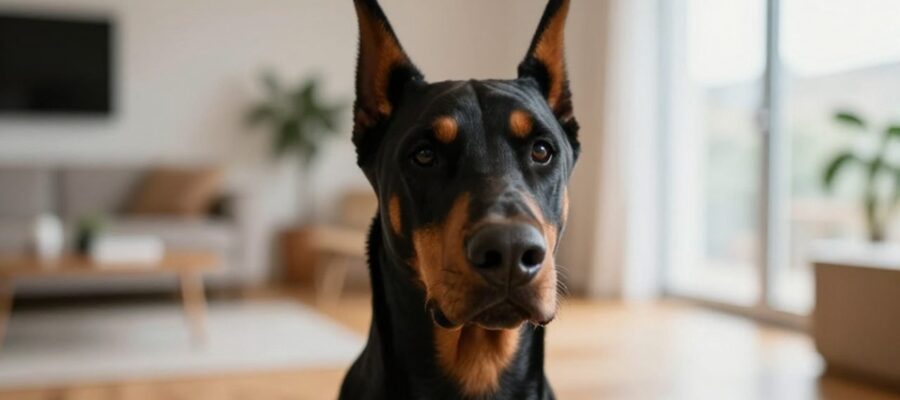 Primer plano de un Dóberman Pinscher de pelaje negro y fuego con mirada atenta en una sala de estar luminosa.