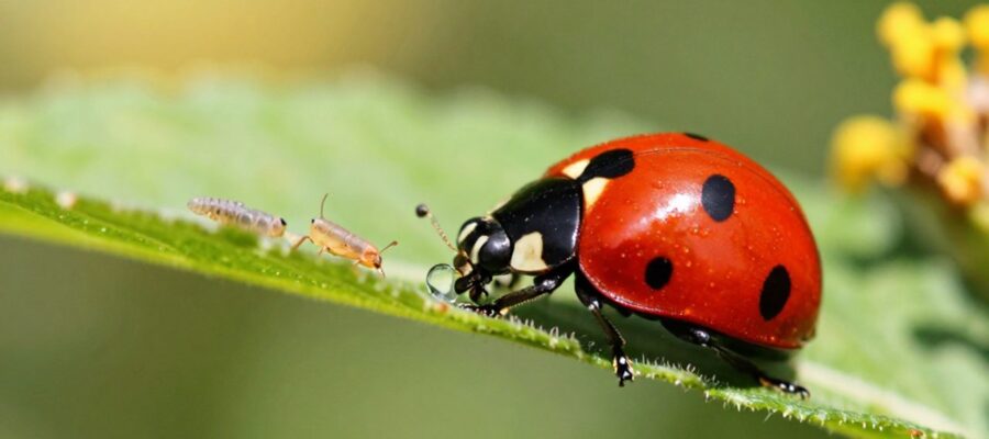Una mariquita roja con manchas negras se desplaza por una hoja verde junto a un grupo de pequeños pulgones.