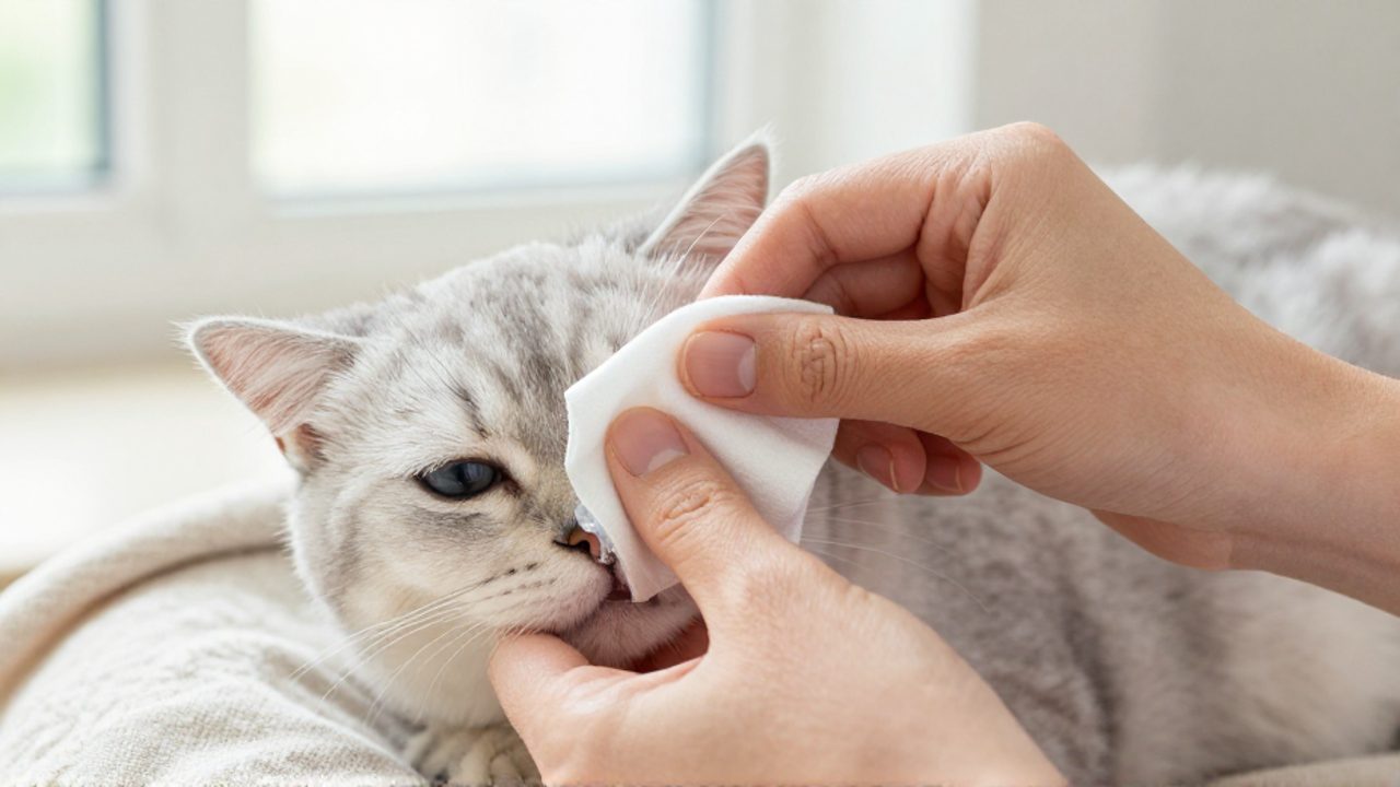Una persona limpia con delicadeza el ojo de un gato doméstico usando una gasa empapada en solución salina.