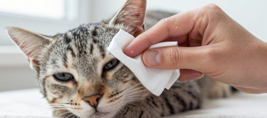 Una persona limpia con cuidado el ojo de un gato atigrado usando una gasa estéril sobre una superficie suave.