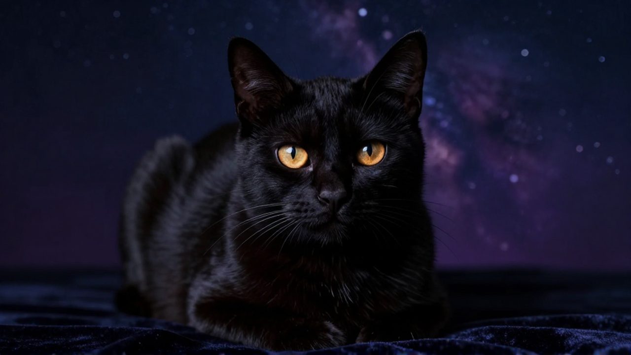 Primer plano de una gata negra de ojos ámbar con un fondo desenfocado de estrellas y nebulosas celestiales.