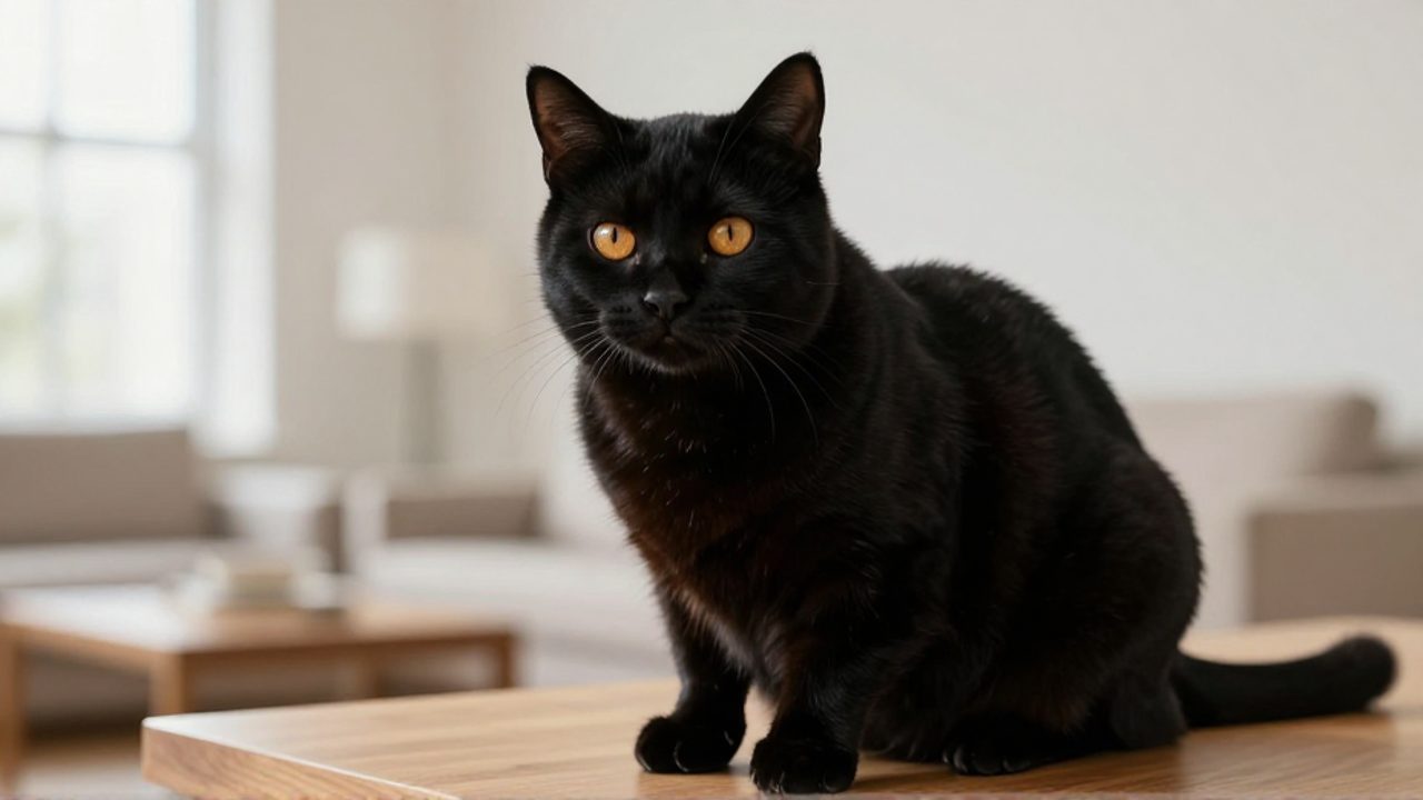 Gata negra de ojos ámbar sentada con elegancia sobre una superficie de madera en una sala luminosa.