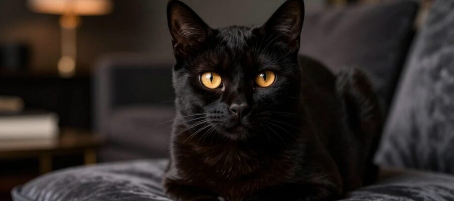 Retrato de una gata negra de mirada intensa y ojos color ámbar sentada sobre un cojín de terciopelo.