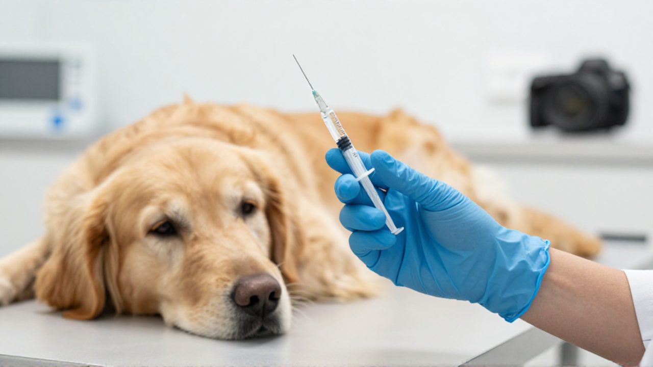 Una mano con guante azul sostiene una jeringuilla de cristal cerca de un perro Golden Retriever en una clínica veterinaria.
