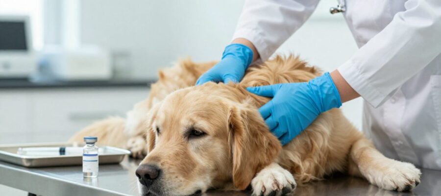 Un veterinario con guantes azules examina a un perro Golden Retriever sobre una mesa de exploración clínica.