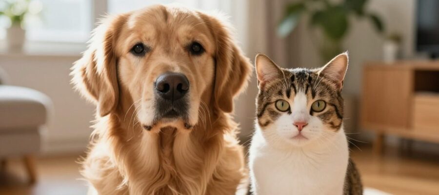 Un perro golden retriever y un gato tabby sentados juntos con expresión tranquila en una sala iluminada por el sol.