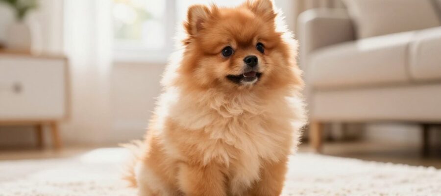 Cachorro de Pomerania de color naranja con pelaje esponjoso sentado sobre una alfombra clara en una sala iluminada por el sol.