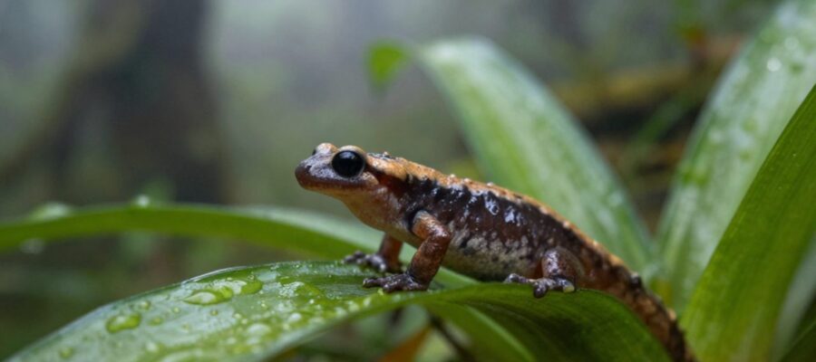Una pequeña salamandra sobre una hoja de bromelia húmeda en un bosque de niebla.