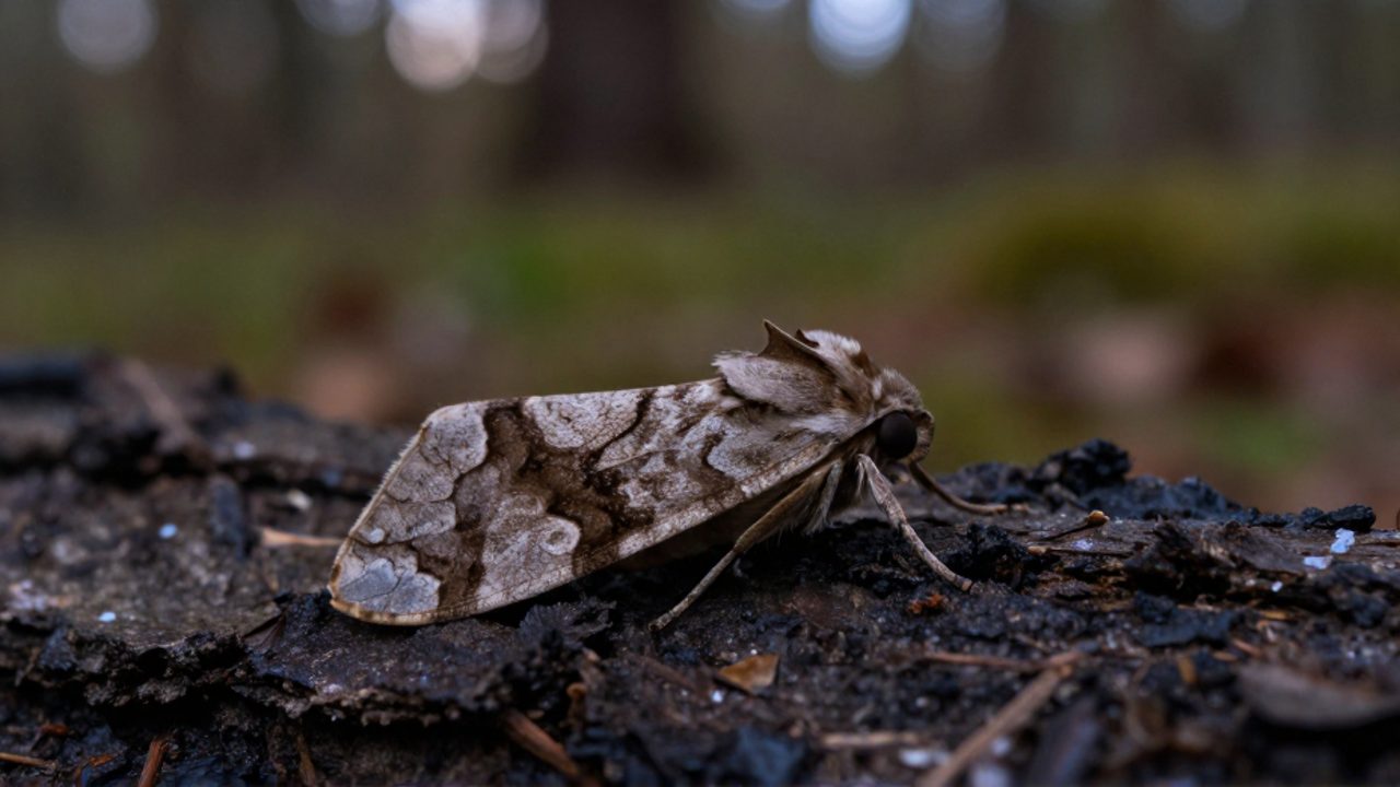 Una polilla con alas de texturas detalladas descansa sobre la corteza de un tronco de árbol en un entorno de bosque al atardecer.