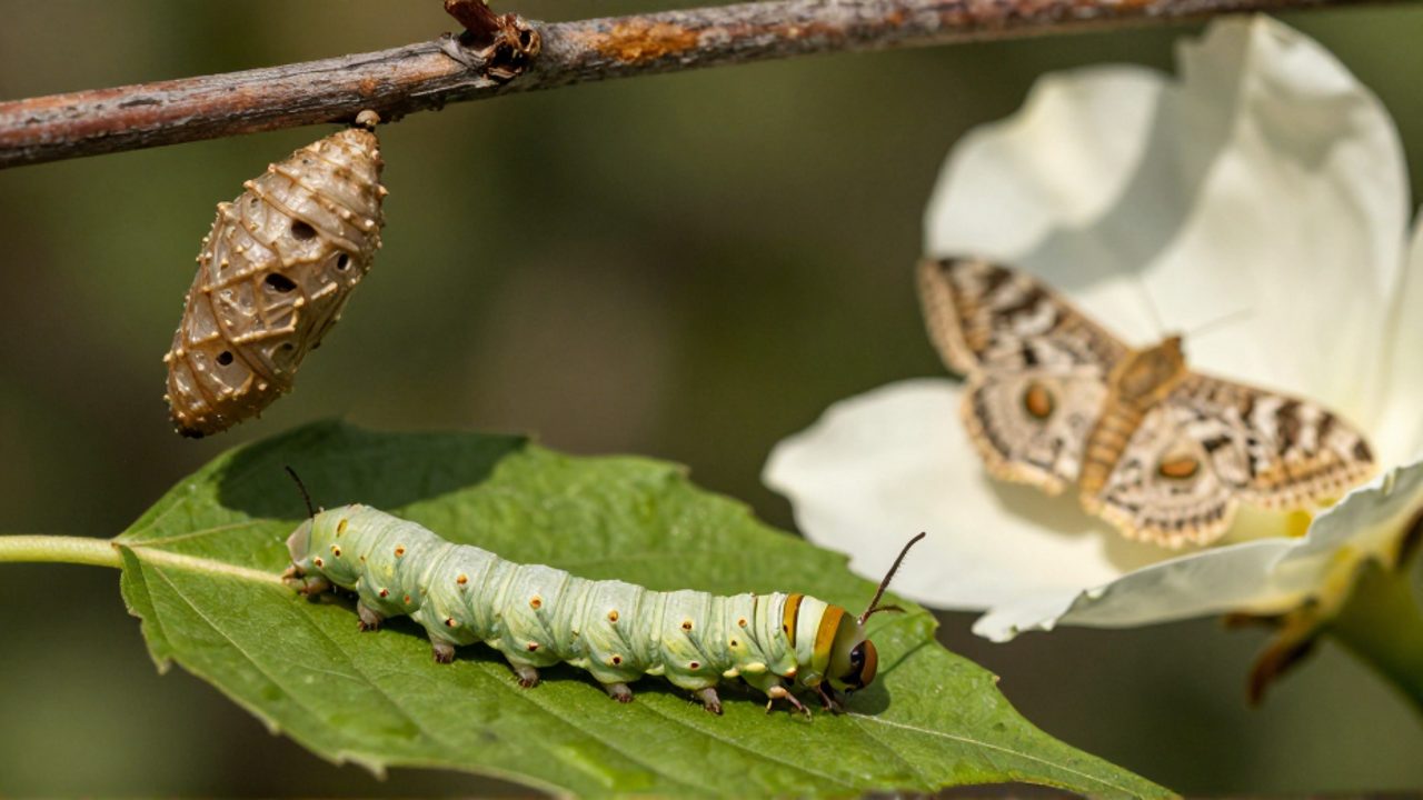 Representación de las etapas del ciclo de vida de una polilla, mostrando una oruga sobre una hoja, una pupa en una rama y una polilla adulta sobre un pétalo.