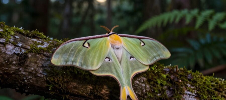 Una polilla luna de color verde lima con alas extendidas descansa sobre una rama con musgo en un bosque nocturno.