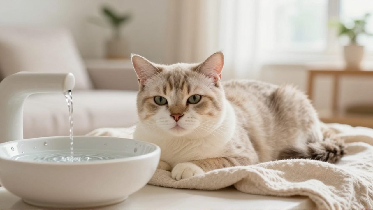 Gato descansando plácidamente sobre una manta junto a una fuente de agua moderna para fomentar su hidratación.