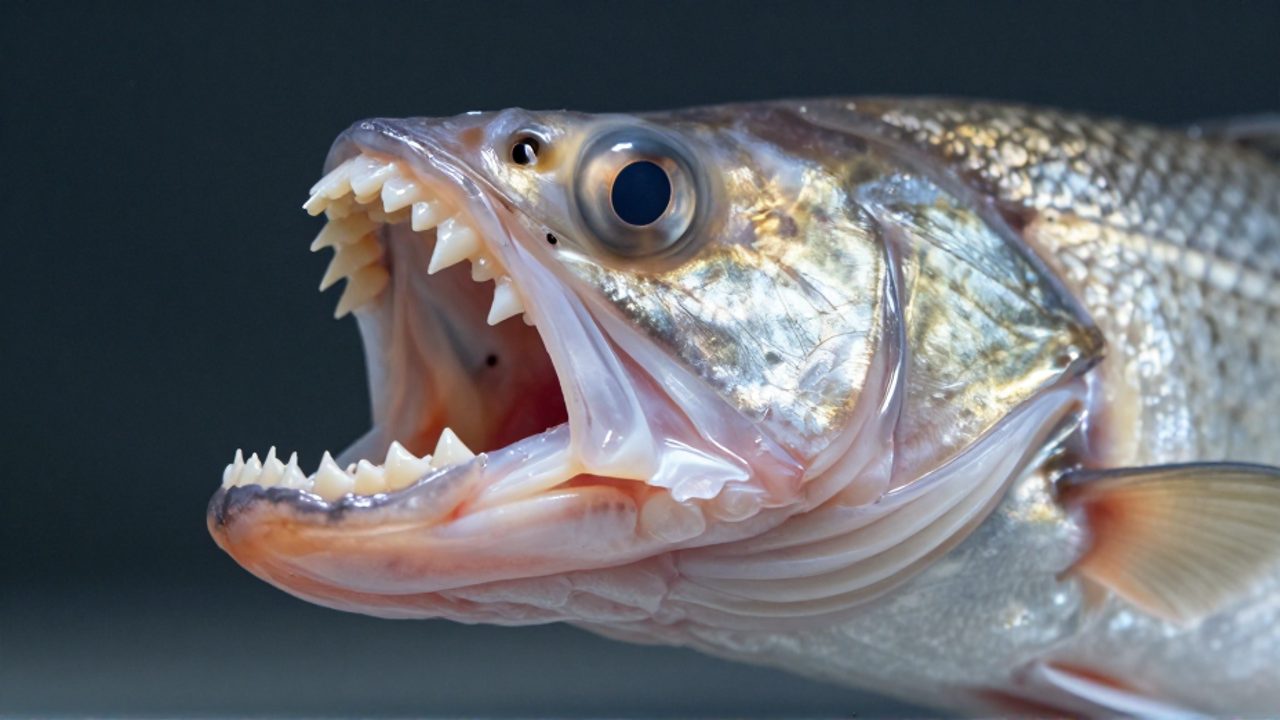 Primer plano del interior de la boca de un pez que muestra la diferencia entre dientes finos y puntiagudos y dientes más robustos y anchos.