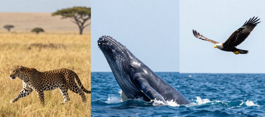 Composición que muestra un leopardo corriendo en la sabana, una ballena jorobada nadando en el océano y un águila volando en el cielo.