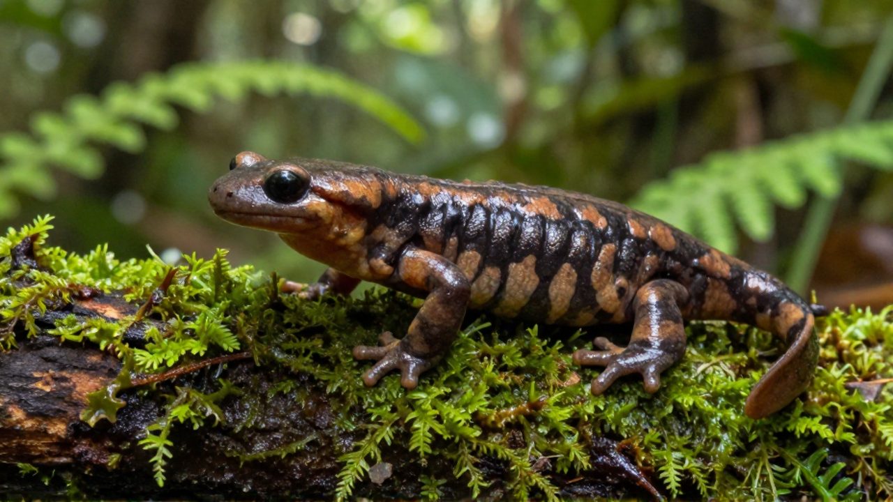 Salamandra Bolitoglossa veracrucis sobre una rama cubierta de musgo en un bosque de niebla en Veracruz.