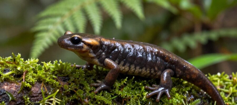 Salamandra Bolitoglossa veracrucis descansando sobre una rama con musgo en el bosque nuboso de Veracruz.