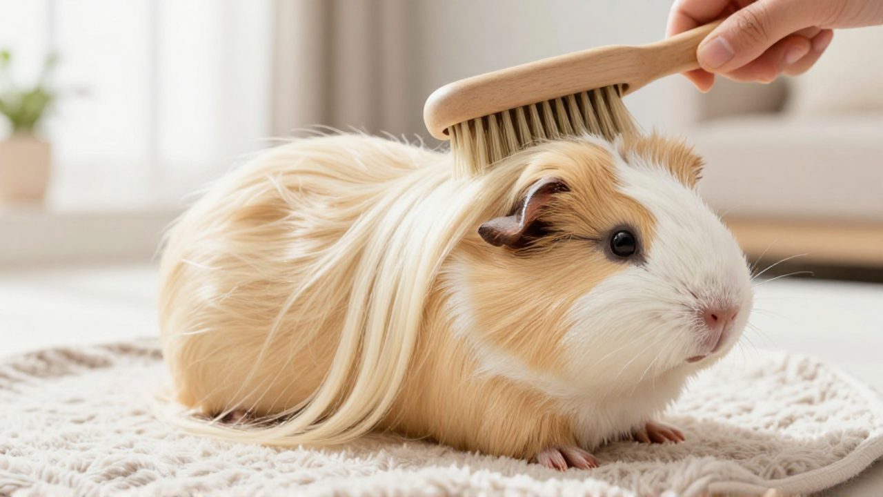Una cobaya sheltie de pelaje largo y claro es cepillada suavemente con un cepillo de cerdas blandas sobre una manta.